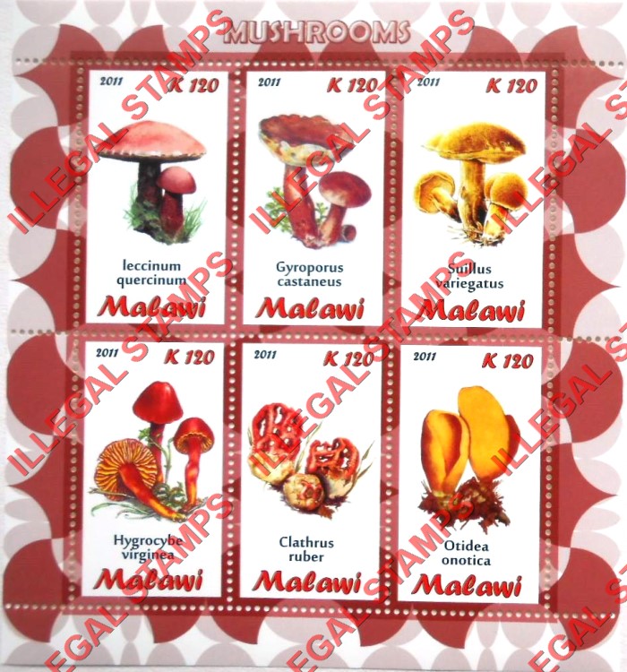 Malawi 2011 Mushrooms Illegal Stamp Souvenir Sheet of 6 Malawi 2011 Mushrooms Illegal Stamp Souvenir Sheet of 6