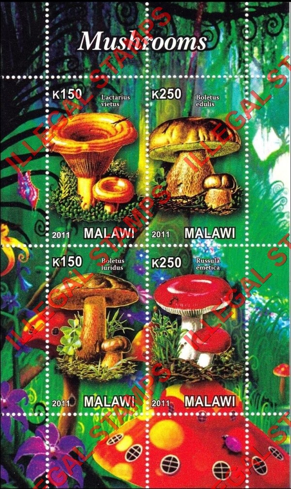 Malawi 2011 Mushrooms Illegal Stamp Souvenir Sheet of 4 Malawi 2011 Mushrooms Illegal Stamp Souvenir Sheet of 4