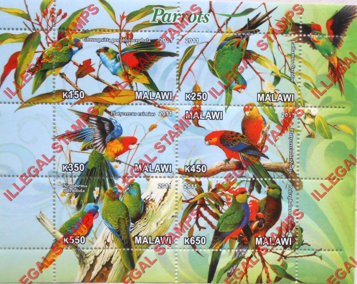 Malawi 2011 Parrots Illegal Stamp Souvenir Sheet of 6 Malawi 2011 Parrots Illegal Stamp Souvenir Sheet of 6