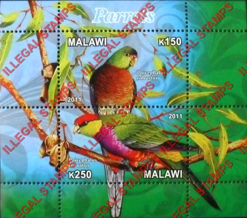 Malawi 2011 Parrots Illegal Stamp Souvenir Sheet of 2 Malawi 2011 Parrots Illegal Stamp Souvenir Sheet of 2