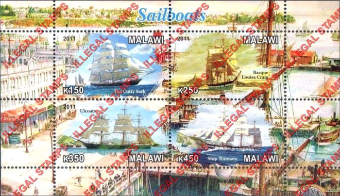 Malawi 2011 Sailboats Sailing Ships Illegal Stamp Souvenir Sheet of 4 Malawi 2011 Sailboats Sailing Ships Illegal Stamp Souvenir Sheet of 4