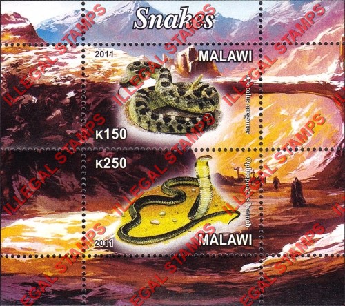 Malawi 2011 Snakes Illegal Stamp Souvenir Sheet of 2 Malawi 2011 Snakes Illegal Stamp Souvenir Sheet of 2