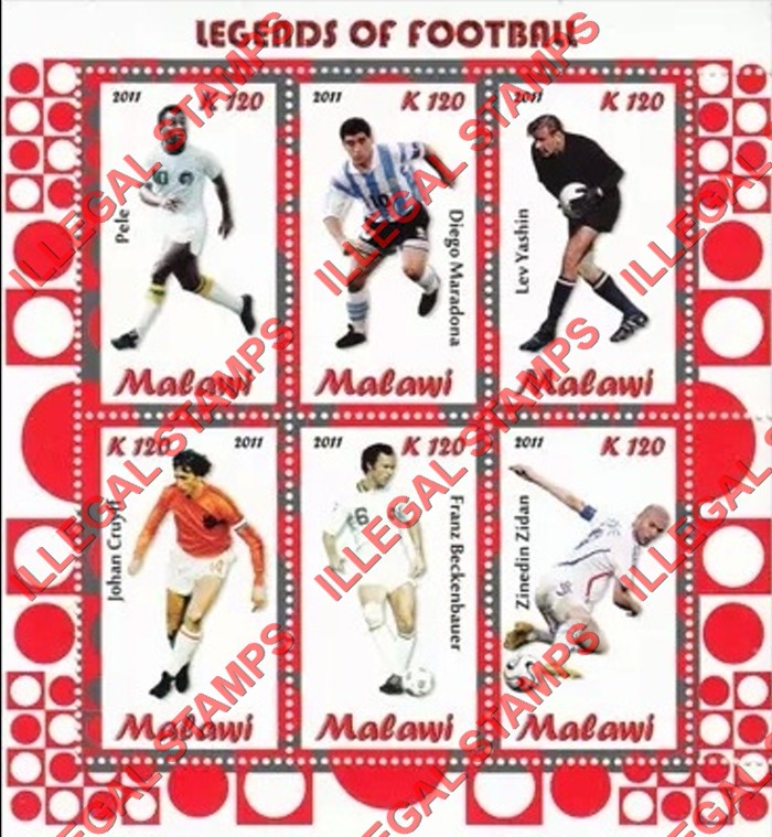 Malawi 2011 Soccer Legends of Football Illegal Stamp Souvenir Sheet of 6 Malawi 2011 Soccer Legends of Football Illegal Stamp Souvenir Sheet of 6