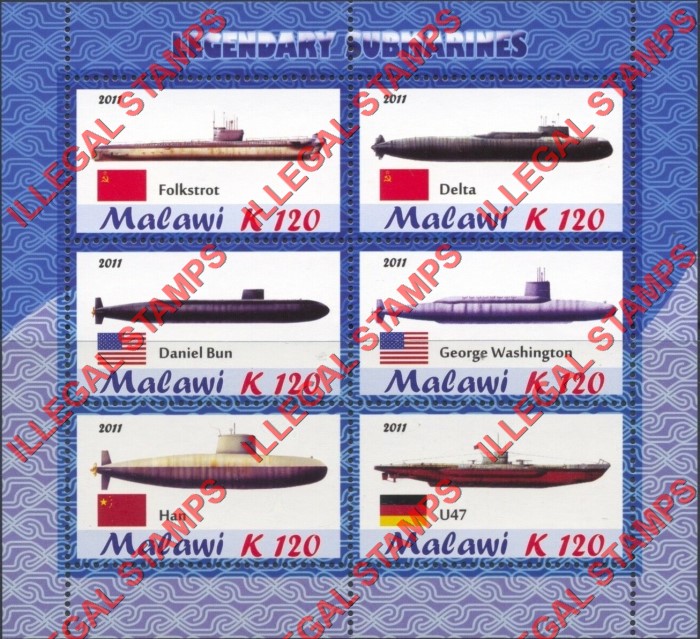 Malawi 2011 Submarines Illegal Stamp Souvenir Sheet of 6 Malawi 2011 Submarines Illegal Stamp Souvenir Sheet of 6