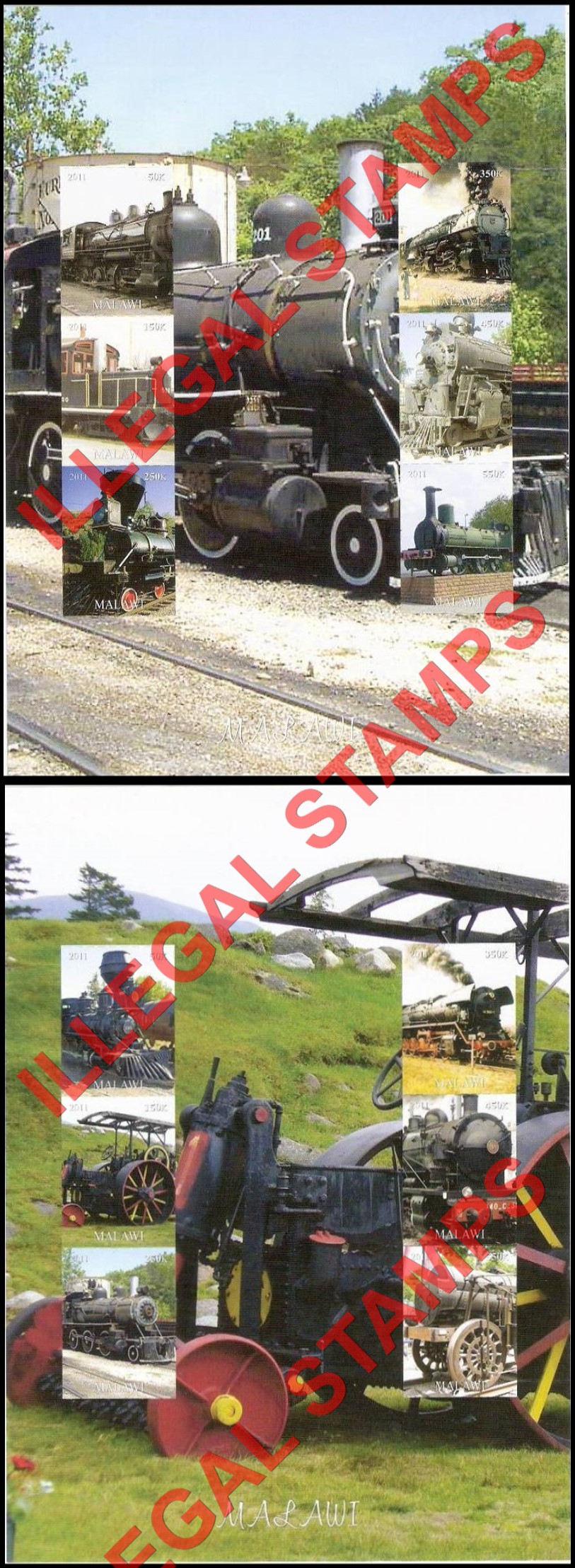 Malawi 2011 Trains Locomotives Illegal Stamp Souvenir Sheets of 6 Malawi 2011 Trains Locomotives Illegal Stamp Souvenir Sheets of 6