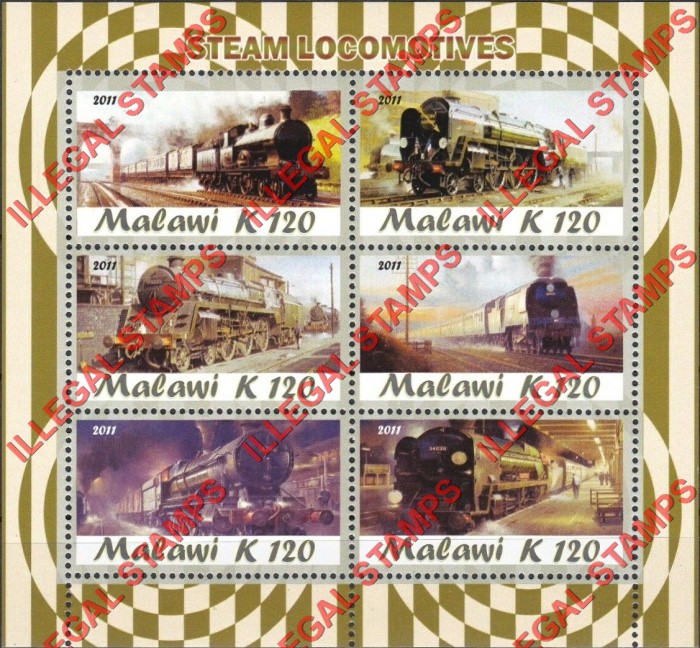 Malawi 2011 Trains Steam Locomotives Illegal Stamp Souvenir Sheet of 6 Malawi 2011 Trains Steam Locomotives Illegal Stamp Souvenir Sheet of 6