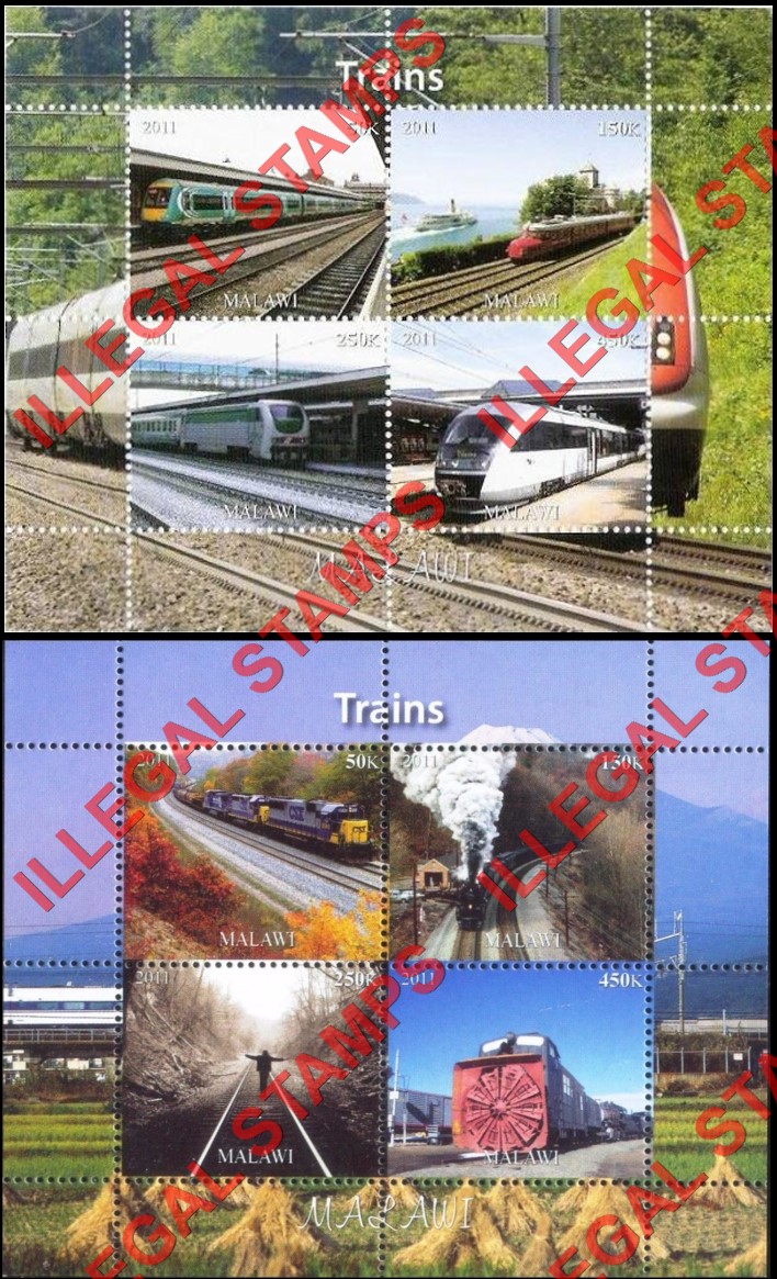 Malawi 2011 Trains Illegal Stamp Souvenir Sheets of 4 (Part 1) Malawi 2011 Trains Illegal Stamp Souvenir Sheets of 4 (Part 1)