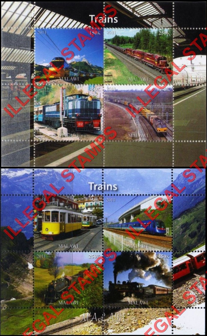 Malawi 2011 Trains Illegal Stamp Souvenir Sheets of 4 (Part 2) Malawi 2011 Trains Illegal Stamp Souvenir Sheets of 4 (Part 2)
