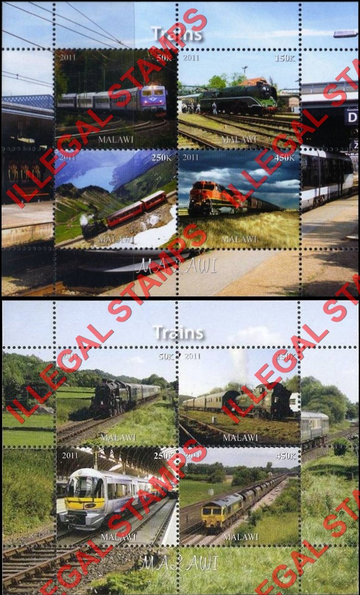 Malawi 2011 Trains Illegal Stamp Souvenir Sheets of 4 (Part 3) Malawi 2011 Trains Illegal Stamp Souvenir Sheets of 4 (Part 3)