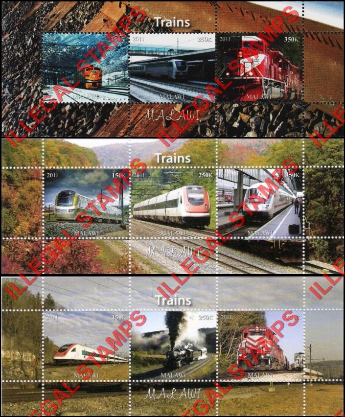 Malawi 2011 Trains Illegal Stamp Souvenir Sheets of 3 Malawi 2011 Trains Illegal Stamp Souvenir Sheets of 3