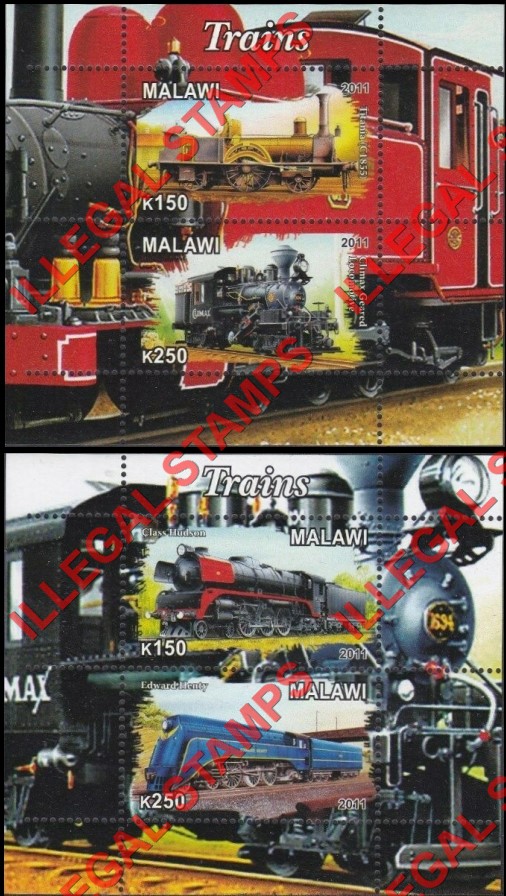 Malawi 2011 Trains Illegal Stamp Souvenir Sheets of 2 Malawi 2011 Trains Illegal Stamp Souvenir Sheets of 2