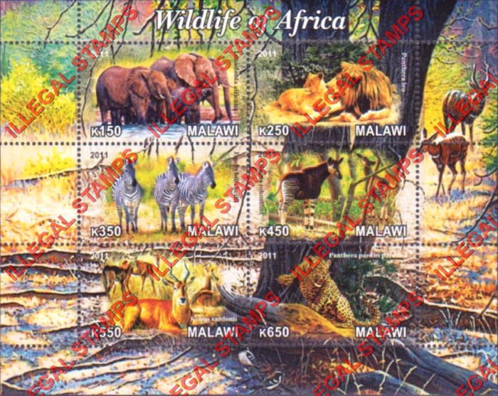 Malawi 2011 Wildlife of Africa Illegal Stamp Souvenir Sheet of 6 Malawi 2011 Wildlife of Africa Illegal Stamp Souvenir Sheet of 6