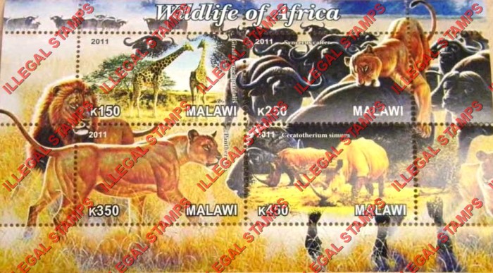 Malawi 2011 Wildlife of Africa Illegal Stamp Souvenir Sheet of 4 Malawi 2011 Wildlife of Africa Illegal Stamp Souvenir Sheet of 4
