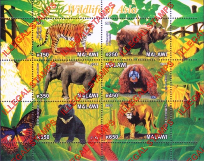 Malawi 2011 Wildlife of Asia Illegal Stamp Souvenir Sheet of 6 Malawi 2011 Wildlife of Asia Illegal Stamp Souvenir Sheet of 6