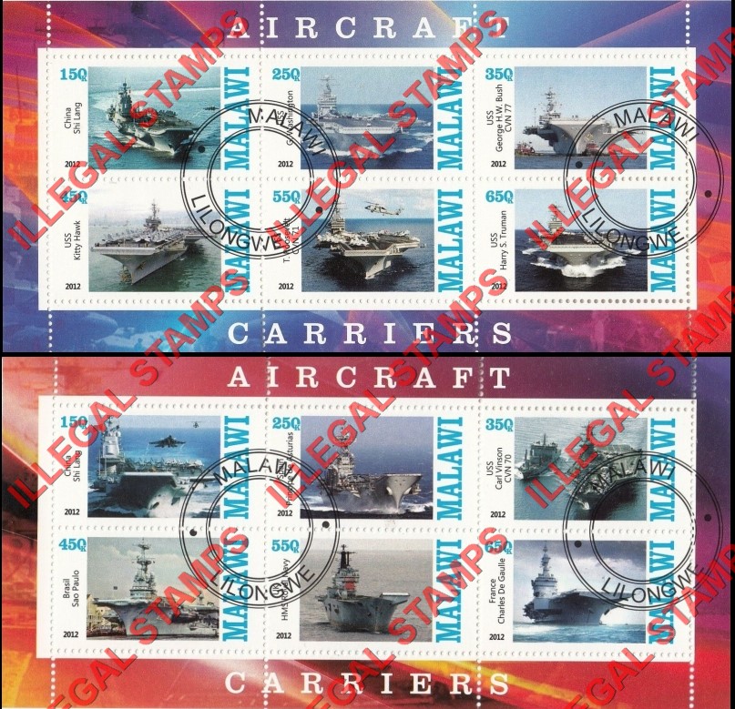 Malawi 2012 Aircraft Carriers Illegal Stamp Souvenir Sheets of 6 Malawi 2012 Aircraft Carriers Illegal Stamp Souvenir Sheets of 6