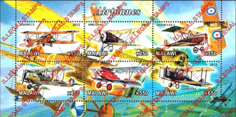 Malawi 2012 Airplanes Illegal Stamp Souvenir Sheets of 6 Malawi 2012 Airplanes Illegal Stamp Souvenir Sheets of 6