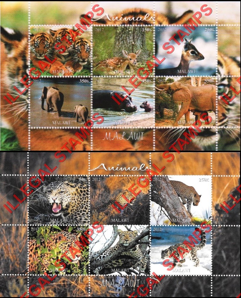 Malawi 2012 Animals Illegal Stamp Souvenir Sheets of 6 (Part 1) Malawi 2012 Animals Illegal Stamp Souvenir Sheets of 6 (Part 1)