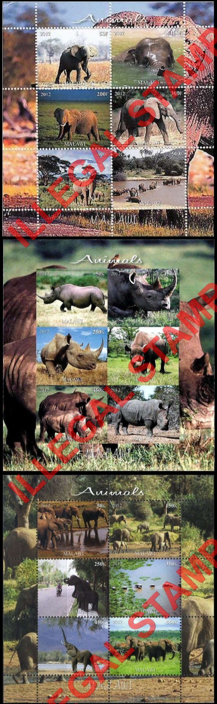 Malawi 2012 Animals Illegal Stamp Souvenir Sheets of 6 (Part 3) Malawi 2012 Animals Illegal Stamp Souvenir Sheets of 6 (Part 3)