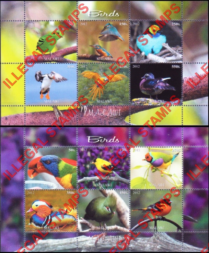 Malawi 2012 Birds Illegal Stamp Souvenir Sheets of 6 (Part 1) Malawi 2012 Birds Illegal Stamp Souvenir Sheets of 6 (Part 1)