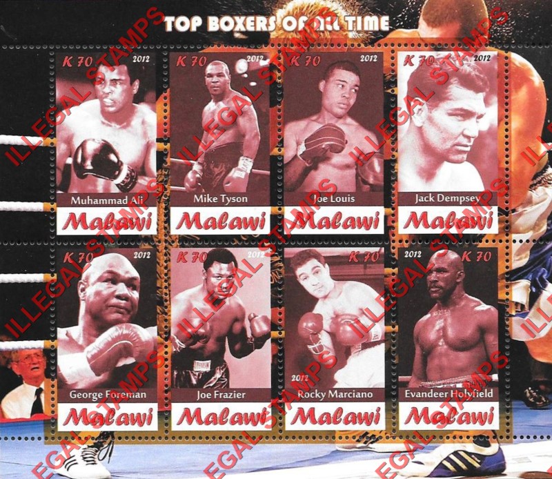 Malawi 2012 Top Boxers of All Time Illegal Stamp Souvenir Sheet of 8 Malawi 2012 Top Boxers of All Time Illegal Stamp Souvenir Sheet of 8