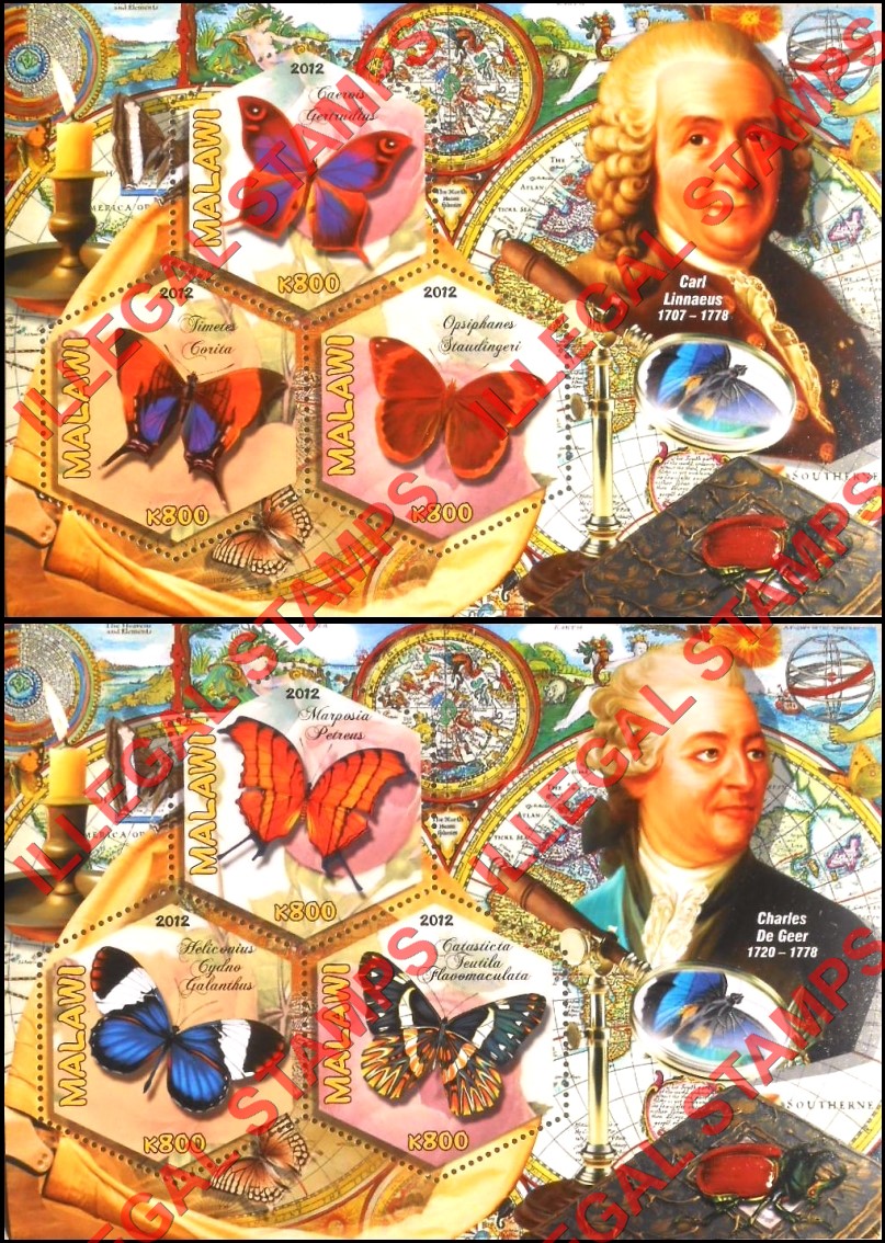 Malawi 2012 Butterflies and Ornithologists Illegal Stamp Souvenir Sheets of 3 (Part 1) Malawi 2012 Butterflies and Ornithologists Illegal Stamp Souvenir Sheets of 3 (Part 1)