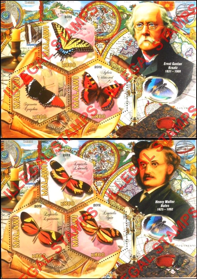Malawi 2012 Butterflies and Ornithologists Illegal Stamp Souvenir Sheets of 3 (Part 2) Malawi 2012 Butterflies and Ornithologists Illegal Stamp Souvenir Sheets of 3 (Part 2)