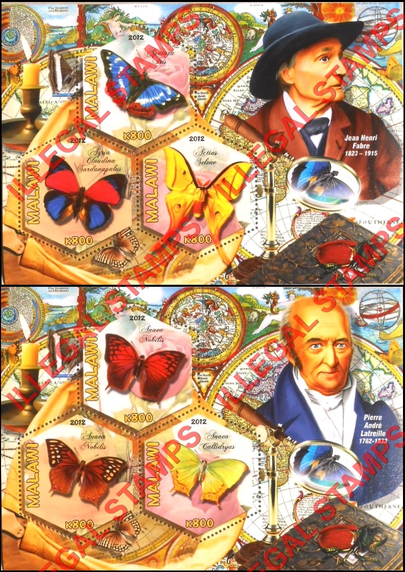 Malawi 2012 Butterflies and Ornithologists Illegal Stamp Souvenir Sheets of 3 (Part 3) Malawi 2012 Butterflies and Ornithologists Illegal Stamp Souvenir Sheets of 3 (Part 3)