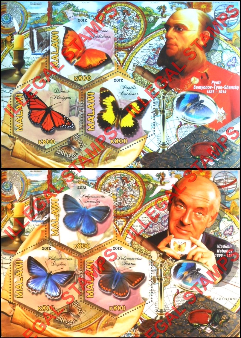 Malawi 2012 Butterflies and Ornithologists Illegal Stamp Souvenir Sheets of 3 (Part 4) Malawi 2012 Butterflies and Ornithologists Illegal Stamp Souvenir Sheets of 3 (Part 4)
