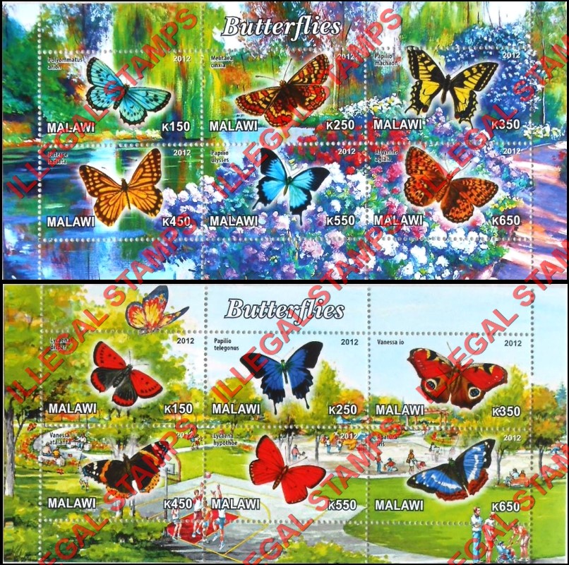 Malawi 2012 Butterflies Illegal Stamp Souvenir Sheets of 6 (Part 1) Malawi 2012 Butterflies Illegal Stamp Souvenir Sheets of 6 (Part 1)