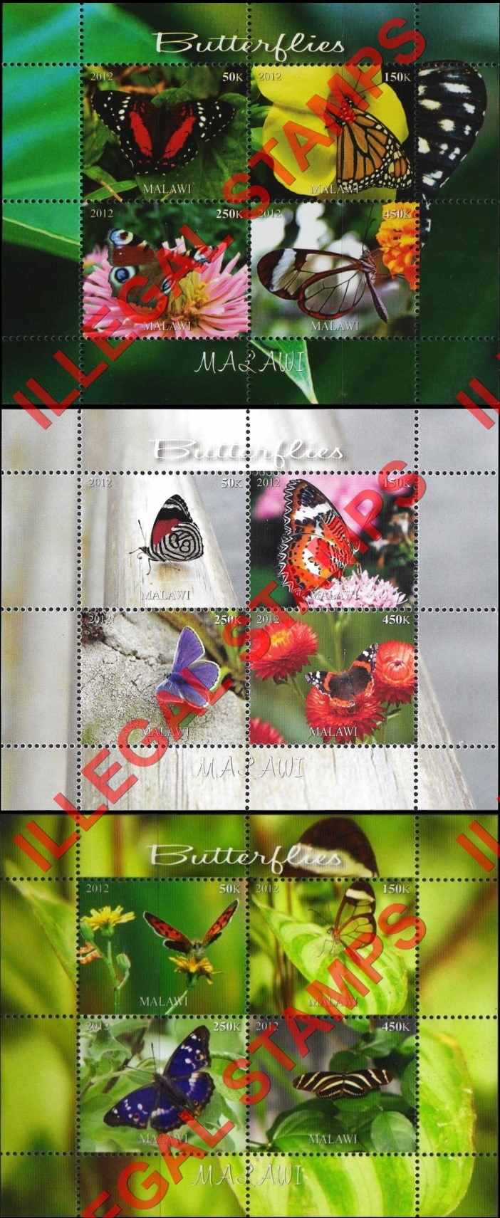Malawi 2012 Butterflies Illegal Stamp Souvenir Sheets of 4 Malawi 2012 Butterflies Illegal Stamp Souvenir Sheets of 4