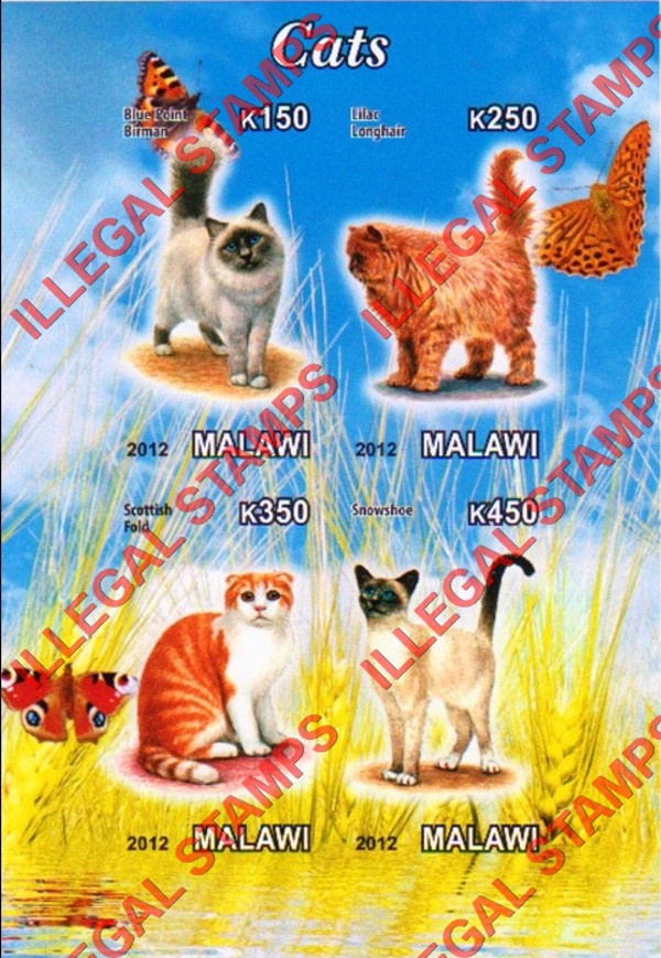 Malawi 2012 Cats Illegal Stamp Souvenir Sheet of 4 Malawi 2012 Cats Illegal Stamp Souvenir Sheet of 4