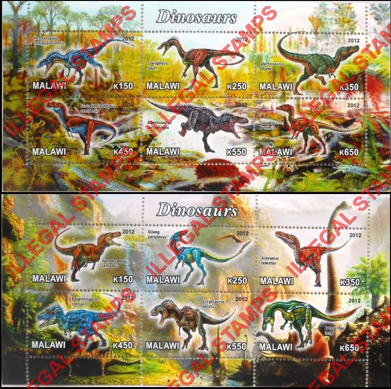 Malawi 2012 Dinosaurs Illegal Stamp Souvenir Sheets of 6 (Part 1) Malawi 2012 Dinosaurs Illegal Stamp Souvenir Sheets of 6 (Part 1)