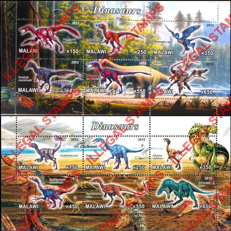 Malawi 2012 Dinosaurs Illegal Stamp Souvenir Sheets of 6 (Part 2) Malawi 2012 Dinosaurs Illegal Stamp Souvenir Sheets of 6 (Part 2)