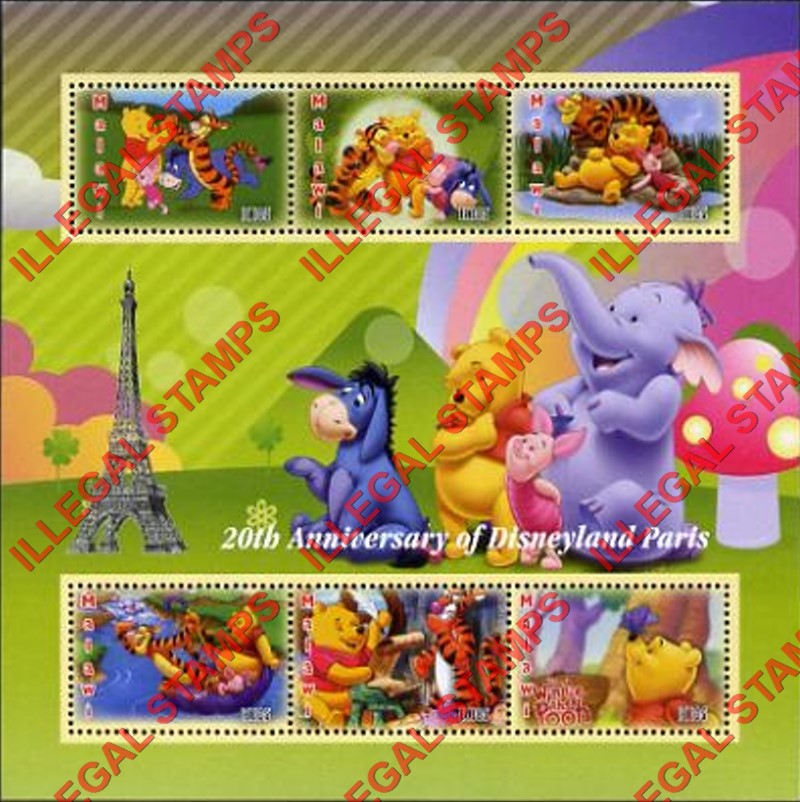 Malawi 2012 Disneyland Whinnie the Pooh Illegal Stamp Souvenir Sheet of 6 Malawi 2012 Disneyland Whinnie the Pooh Illegal Stamp Souvenir Sheet of 6