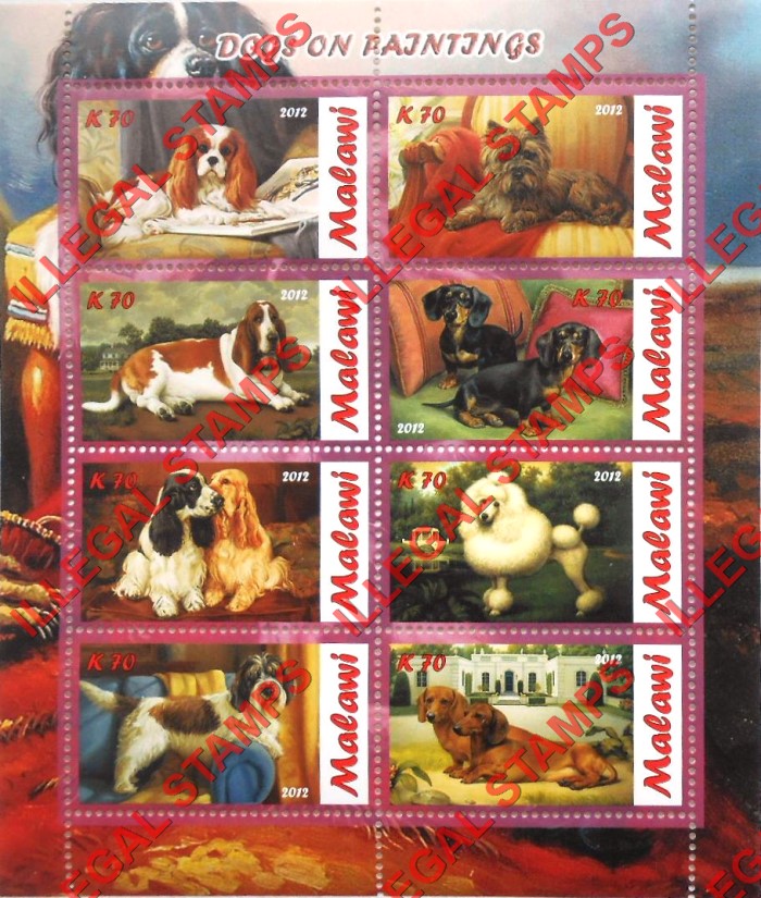 Malawi 2012 Dogs Paintings Illegal Stamp Souvenir Sheet of 8 Malawi 2012 Dogs Paintings Illegal Stamp Souvenir Sheet of 8