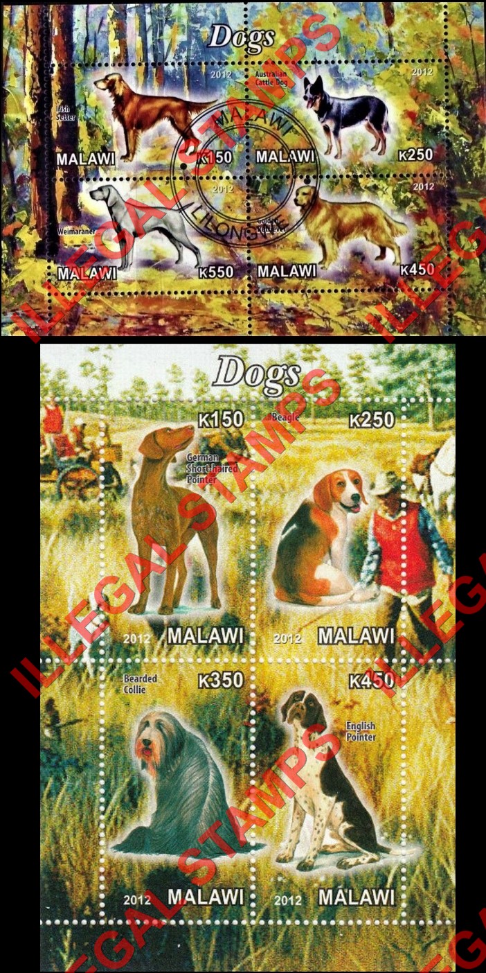 Malawi 2012 Dogs Illegal Stamp Souvenir Sheets of 4 Malawi 2012 Dogs Illegal Stamp Souvenir Sheets of 4
