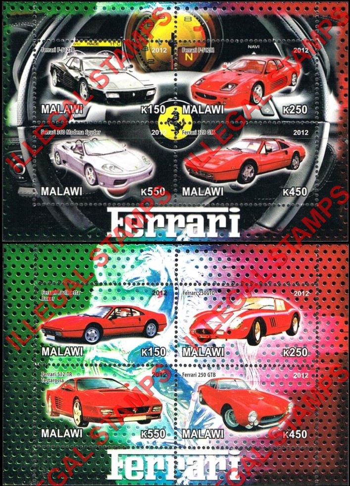 Malawi 2012 Ferrari Illegal Stamp Souvenir Sheets of 4 Malawi 2012 Ferrari Illegal Stamp Souvenir Sheets of 4