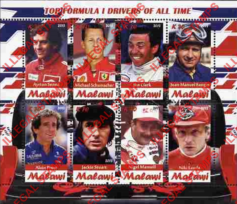 Malawi 2012 Formula I Drivers Illegal Stamp Souvenir Sheet of 8 Malawi 2012 Formula I Drivers Illegal Stamp Souvenir Sheet of 8