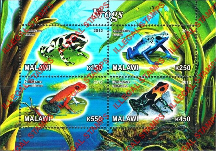 Malawi 2012 Frogs Illegal Stamp Souvenir Sheet of 4 Malawi 2012 Frogs Illegal Stamp Souvenir Sheet of 4