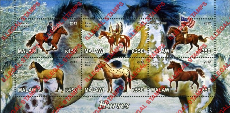 Malawi 2012 Horses Illegal Stamp Souvenir Sheet of 6 Malawi 2012 Horses Illegal Stamp Souvenir Sheet of 6