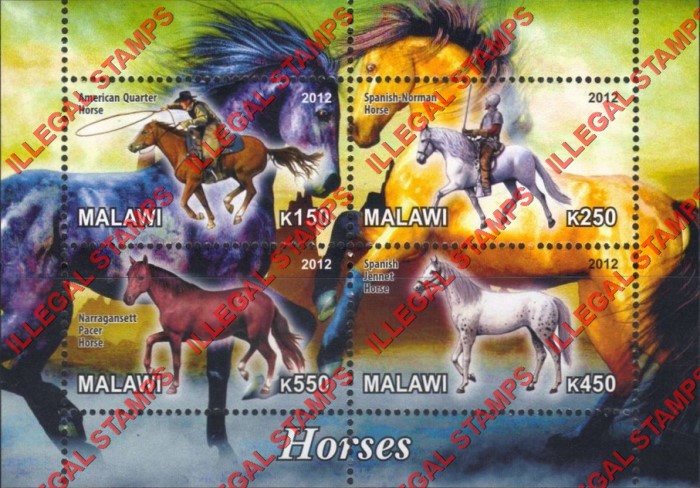 Malawi 2012 Horses Illegal Stamp Souvenir Sheet of 4 Malawi 2012 Horses Illegal Stamp Souvenir Sheet of 4