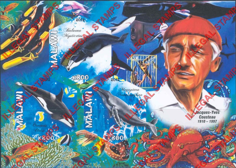 Malawi 2012 Jacques Cousteau Illegal Stamp Souvenir Sheet of 3 Malawi 2012 Jacques Cousteau Illegal Stamp Souvenir Sheet of 3