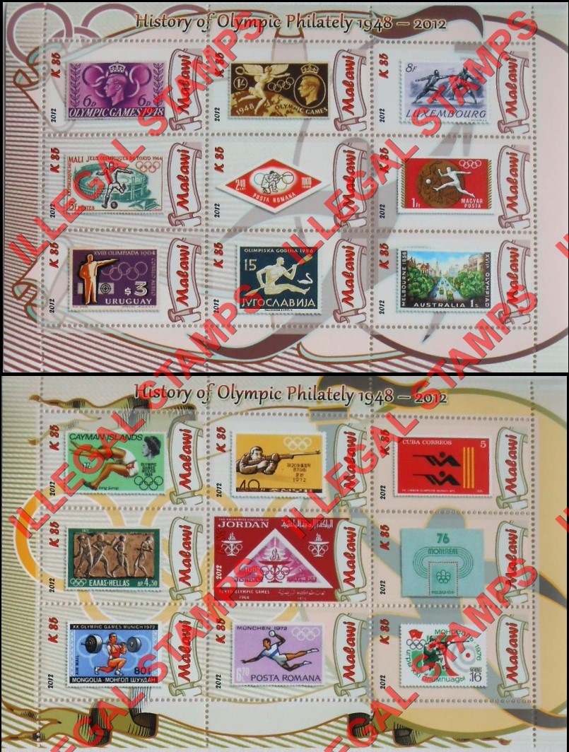 Malawi 2012 History of Olympic Philately Illegal Stamp Sheetlets of 9 (Part 1) Malawi 2012 History of Olympic Philately Illegal Stamp Sheetlets of 9 (Part 1)