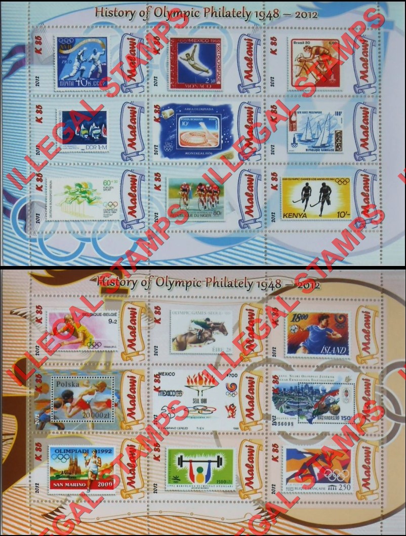 Malawi 2012 History of Olympic Philately Illegal Stamp Sheetlets of 9 (Part 2) Malawi 2012 History of Olympic Philately Illegal Stamp Sheetlets of 9 (Part 2)