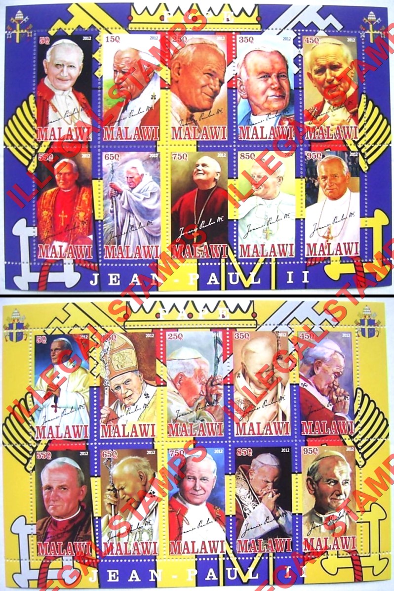 Malawi 2012 Pope John Paul II Illegal Stamp Sheetlets of 10 Malawi 2012 Pope John Paul II Illegal Stamp Sheetlets of 10