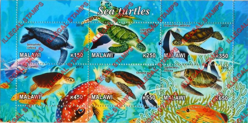 Malawi 2012 Sea Turtles Illegal Stamp Souvenir Sheet of 6 Malawi 2012 Sea Turtles Illegal Stamp Souvenir Sheet of 6