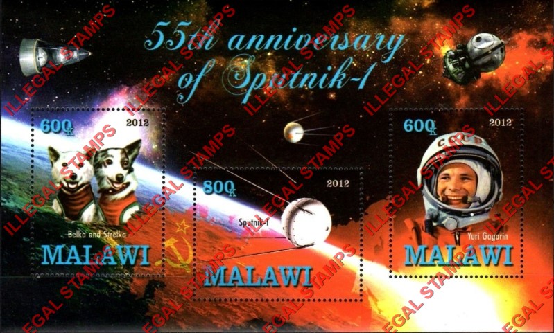 Malawi 2012 Space Sputnik I Illegal Stamp Souvenir Sheet of 3 Malawi 2012 Space Sputnik I Illegal Stamp Souvenir Sheet of 3