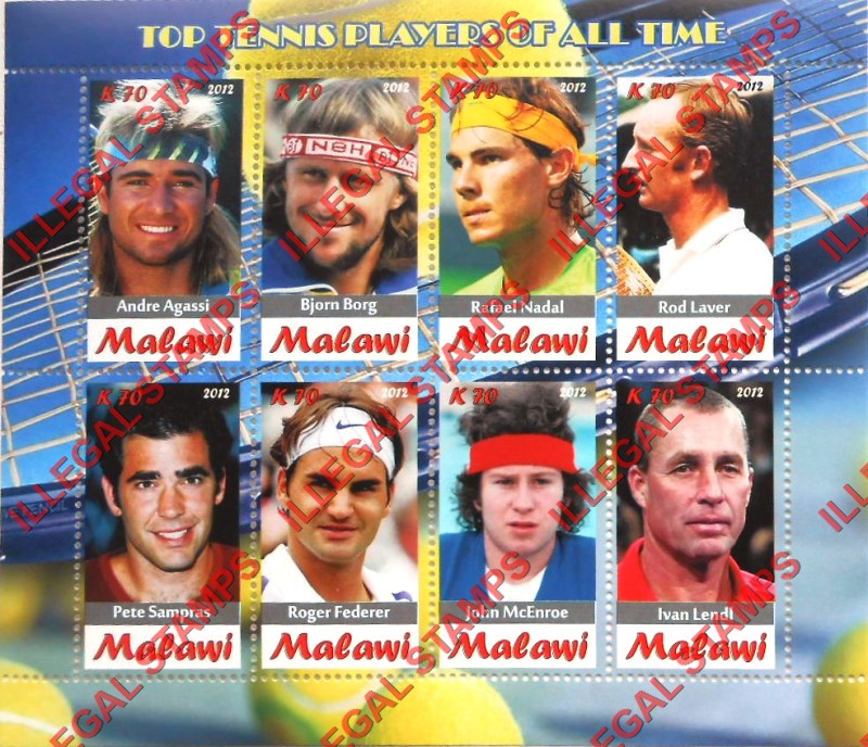 Malawi 2012 Top Tennis Players Illegal Stamp Souvenir Sheet of 8 Malawi 2012 Top Tennis Players Illegal Stamp Souvenir Sheet of 8