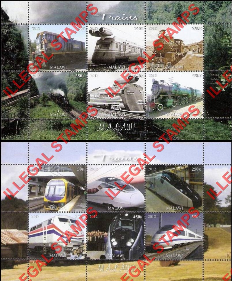 Malawi 2012 Trains Illegal Stamp Souvenir Sheets of 6 (Part 1) Malawi 2012 Trains Illegal Stamp Souvenir Sheets of 6 (Part 1)