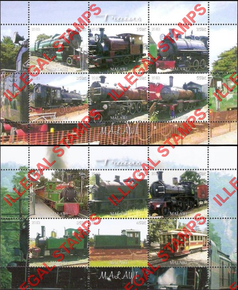 Malawi 2012 Trains Illegal Stamp Souvenir Sheets of 6 (Part 2) Malawi 2012 Trains Illegal Stamp Souvenir Sheets of 6 (Part 2)